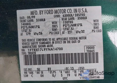 2000 Ford F-150 Lariat/Work Series/Xl/Xlt from USA, damaged, VIN 1FTRX17L9YNA14700